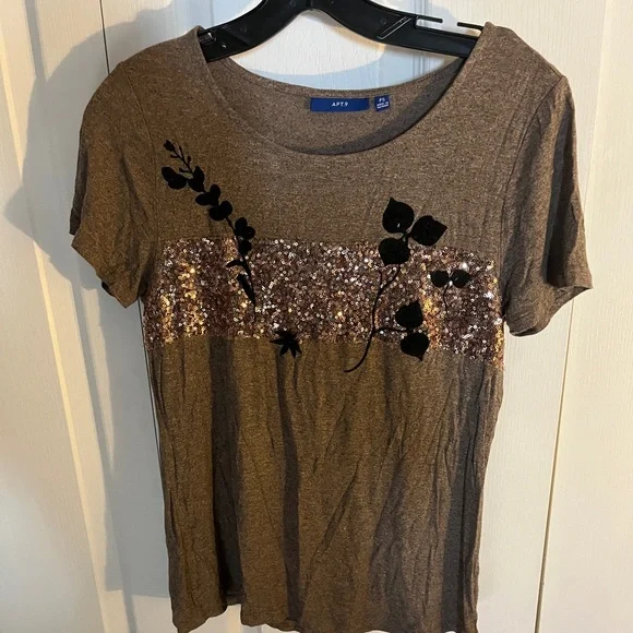 Apt. 9 Brown Sequin Embellished Short Sleeve Tee - Picture 2 of 5